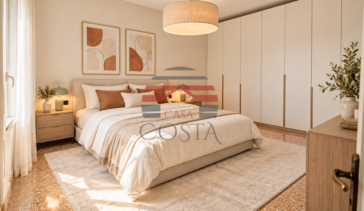 Camera da letto scandinava in tonalità calde