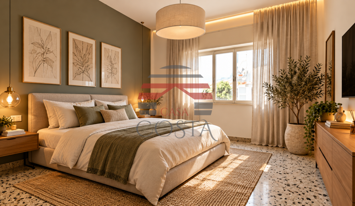Camera da letto moderna in tonalità calde
