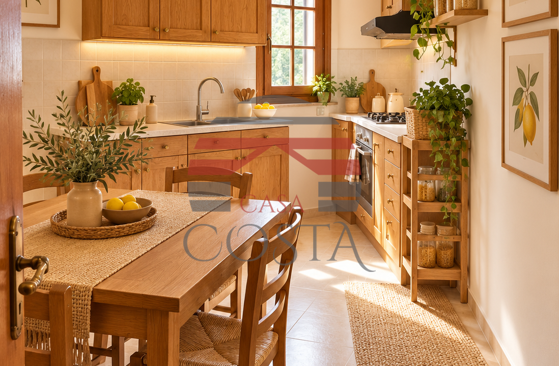 Cucina rustica luminosa con tavolo in legno
