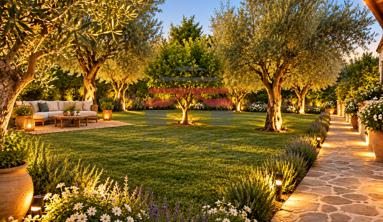 Giardino mediterraneo al crepuscolo