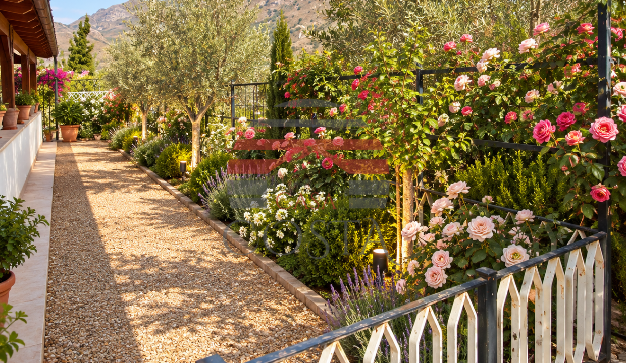 Viale mediterraneo tra rose e montagne